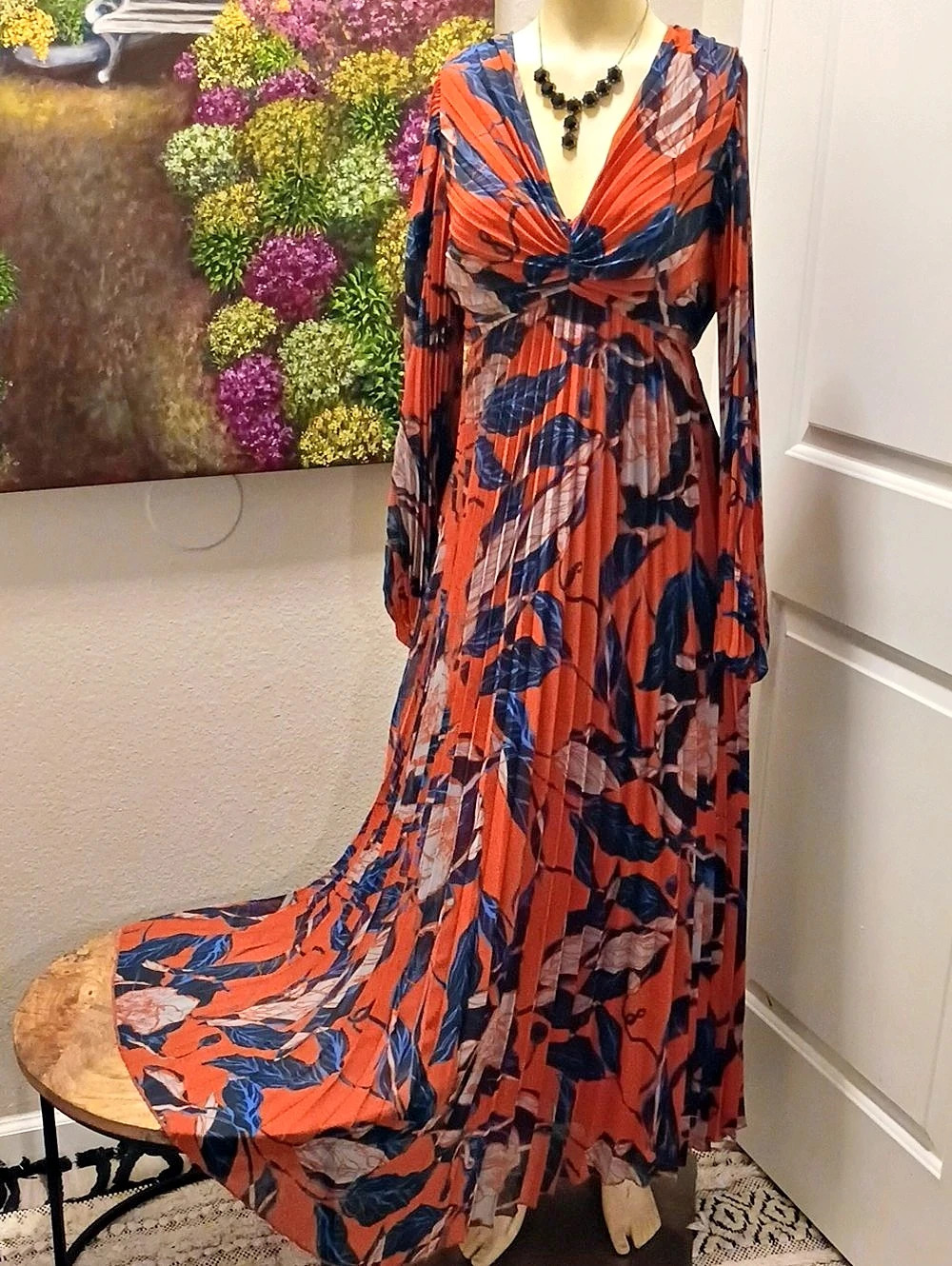 Chelsea28 Abstract Print Maxi Dress Orange Blue Size 28 Like New